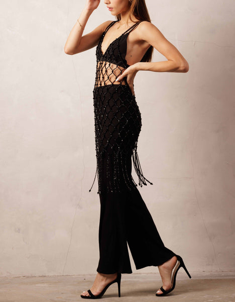 Crystal Beaded Black Cover Up Dress
